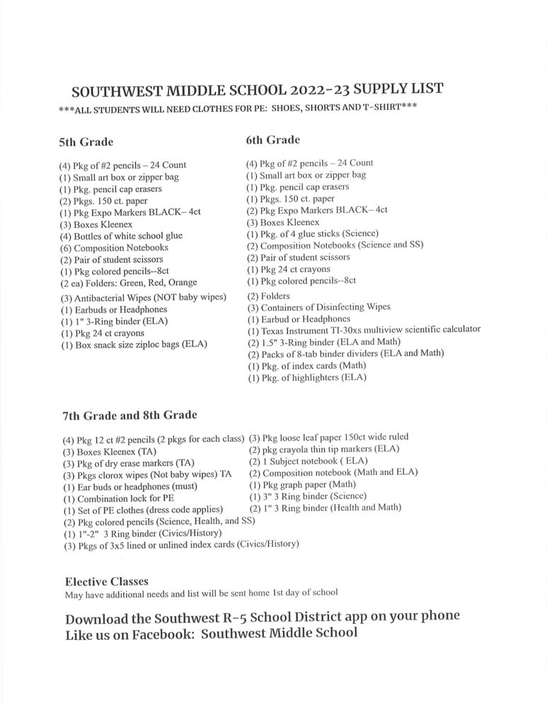 202223 Middle School Supply List Southwest RV School District